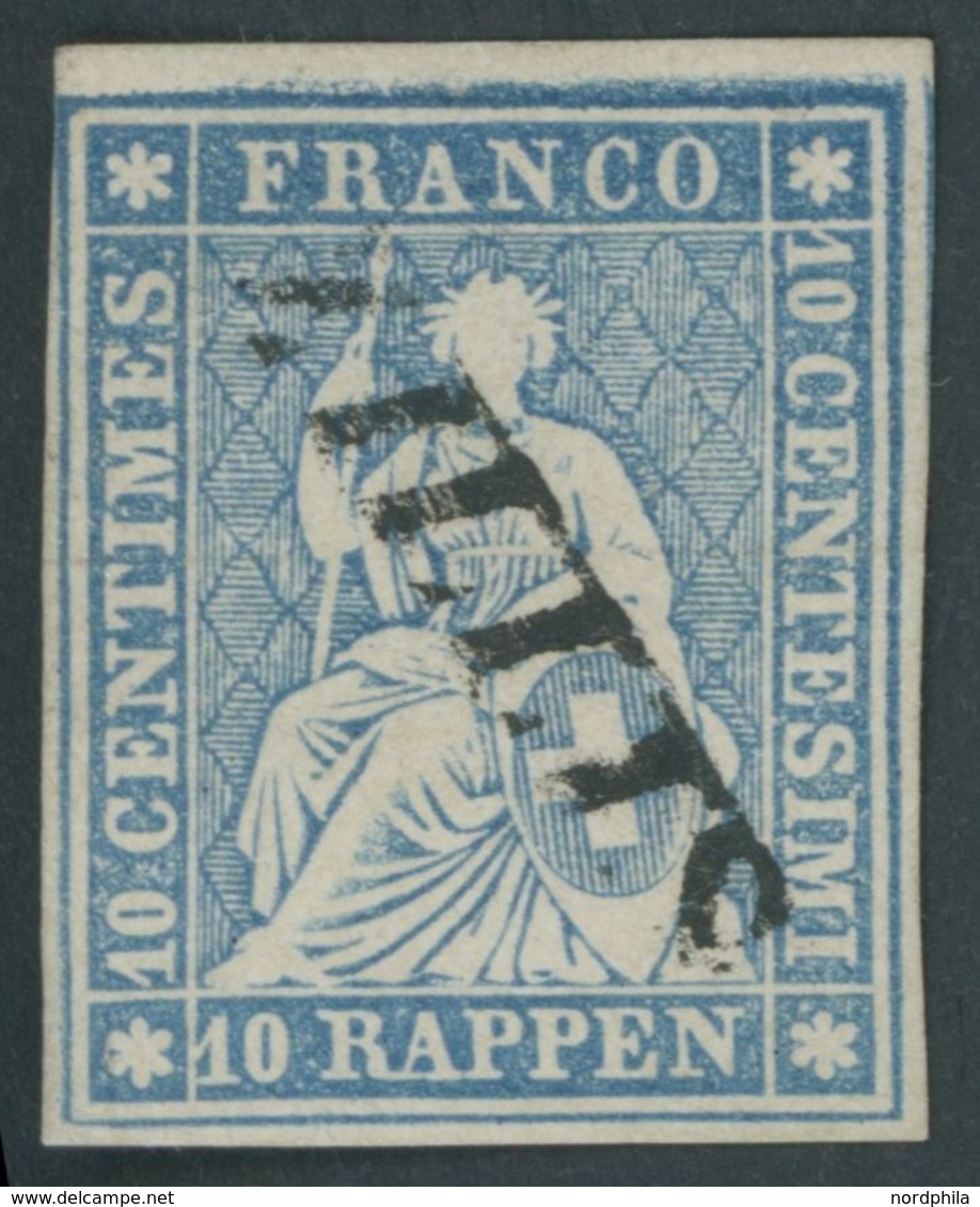 SCHWEIZ BUNDESPOST 14IIBym O, 1859, 10 Rp. Lebhaftblau, Berner Druck III, (SH-Nr. 23B4.a), Diagonaler L1 ZILLIS, Vollran - 1843-1852 Federal & Cantonal Stamps