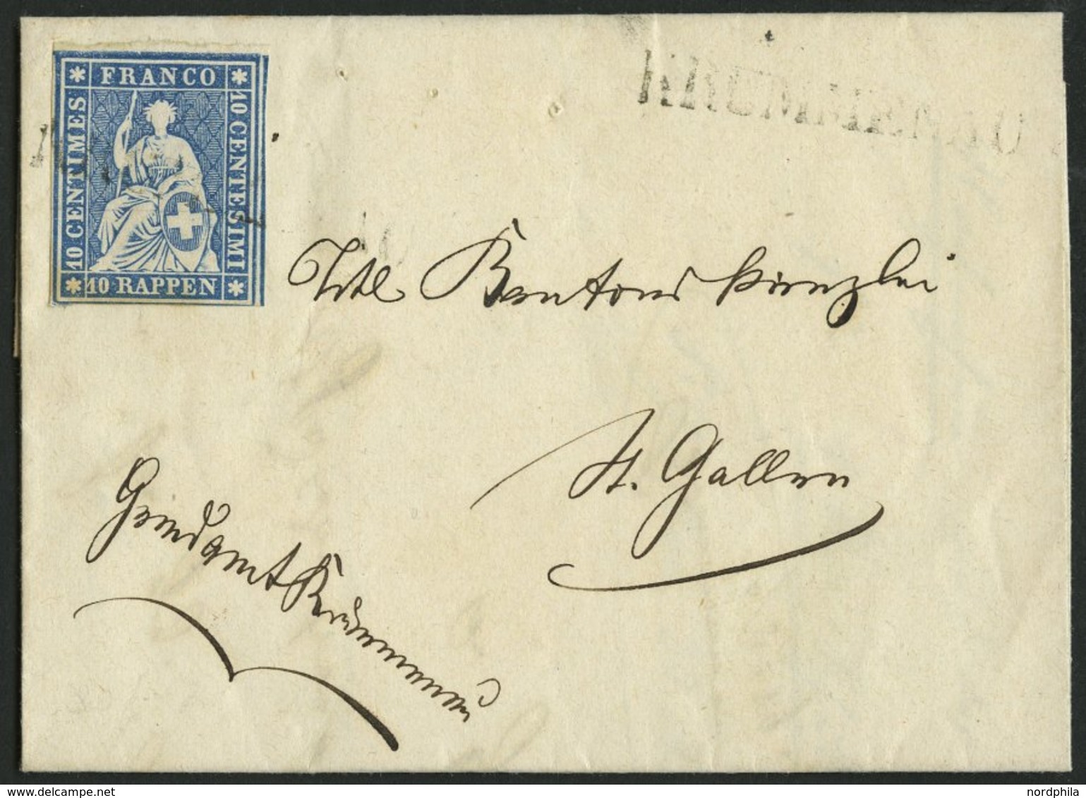 SCHWEIZ BUNDESPOST 14IIByo BRIEF, 1859, 10 Rp. Lebhaftblau, Dunkelroter Seidenfaden, Berner Druck II, (Zst. 23Cc), Oberr - 1843-1852 Federal & Cantonal Stamps