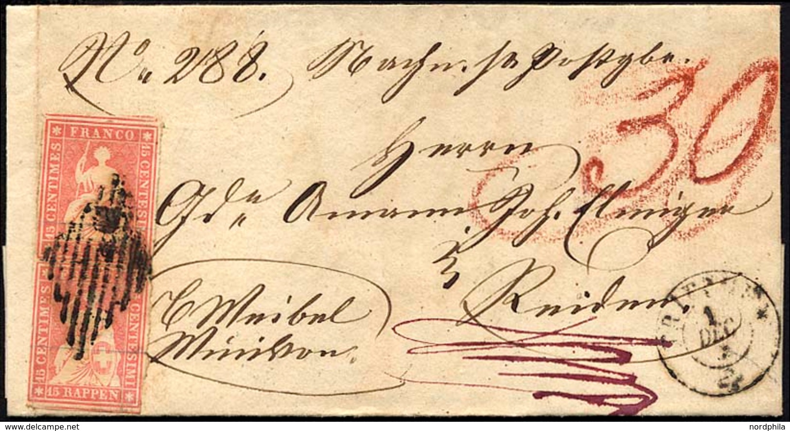 SCHWEIZ BUNDESPOST 15IIAym Paar BRIEF, 1855, 15 Rp. Rosa, Berner Druck I, (Zst. 24Ba), Im Senkrechten Paar (voll-breitra - 1843-1852 Timbres Cantonaux Et  Fédéraux