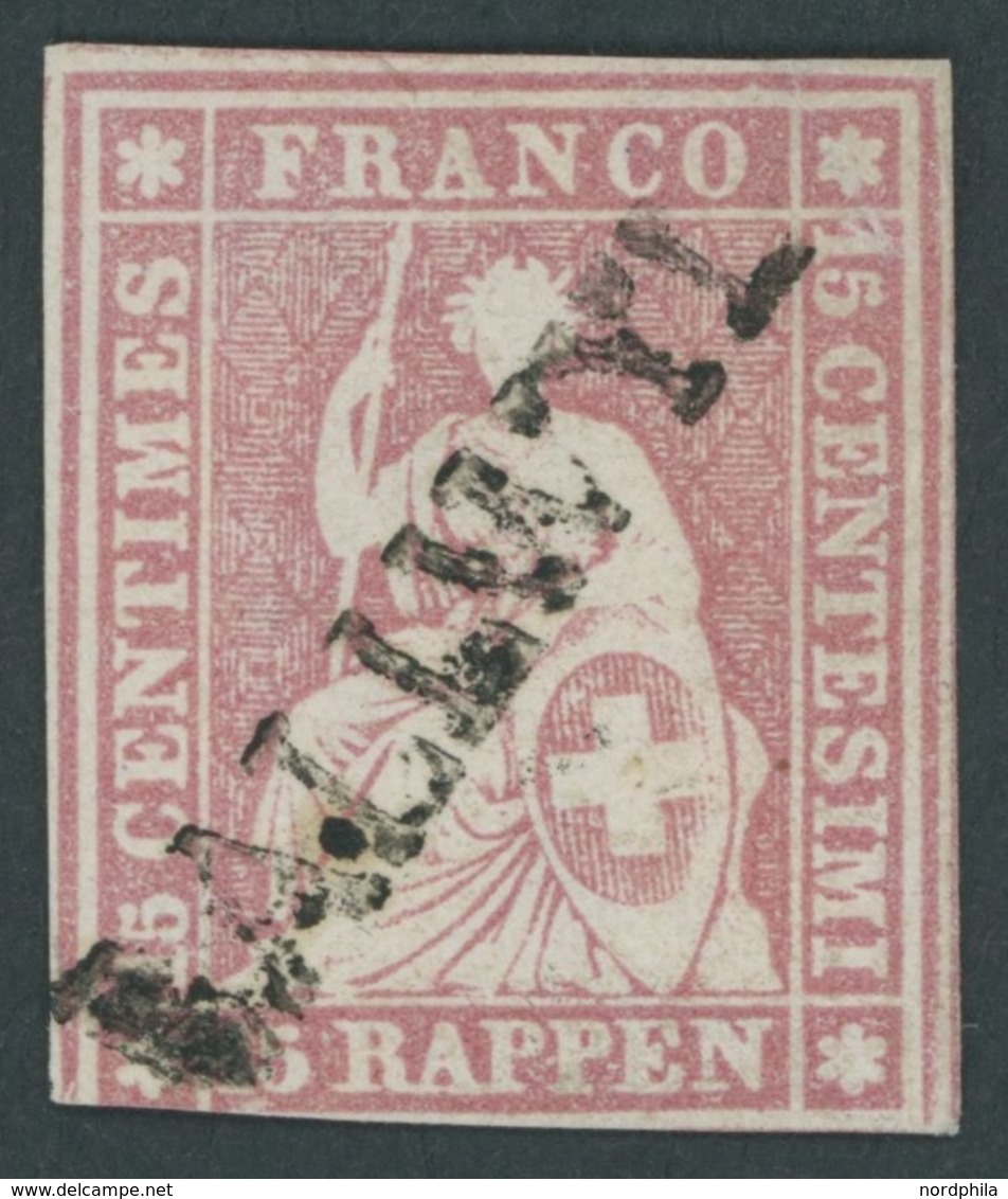 SCHWEIZ BUNDESPOST 15IIByp O, 1857, 15 Rp. Rosa, Blauer Seidenfaden, Berner Druck II, (Zst. 24D), L1 BALLWYL, Unten Besc - 1843-1852 Federal & Cantonal Stamps