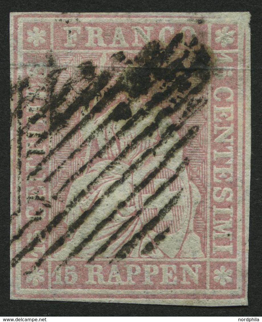 SCHWEIZ BUNDESPOST 15IIAzm O, 1857, 15 Rp. Rosa, Berner Druck II,(Zst. 24F), Teils Etwas Fette Raute, Breitrandig Pracht - 1843-1852 Timbres Cantonaux Et  Fédéraux