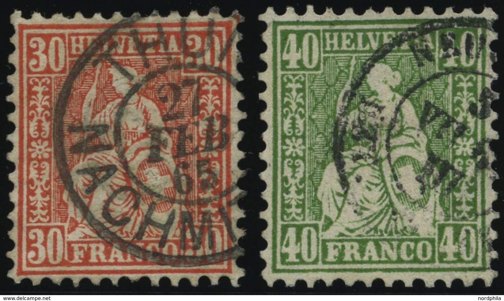 SCHWEIZ BUNDESPOST 25/6 O, 1862/3, 30 C. Zinnober Und 40 C. Grün, 2 Prachtwerte, Mi. 100.- - 1843-1852 Federal & Cantonal Stamps