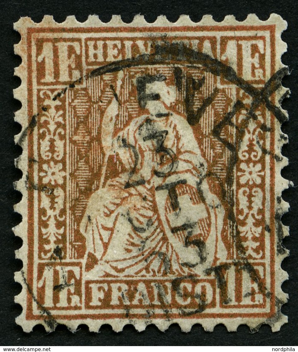 SCHWEIZ BUNDESPOST 28a O, 1863, 1 Fr. Goldbronze (gelblich), Repariert Wie Pracht, Signiert, Mi. 420.- - 1843-1852 Timbres Cantonaux Et  Fédéraux