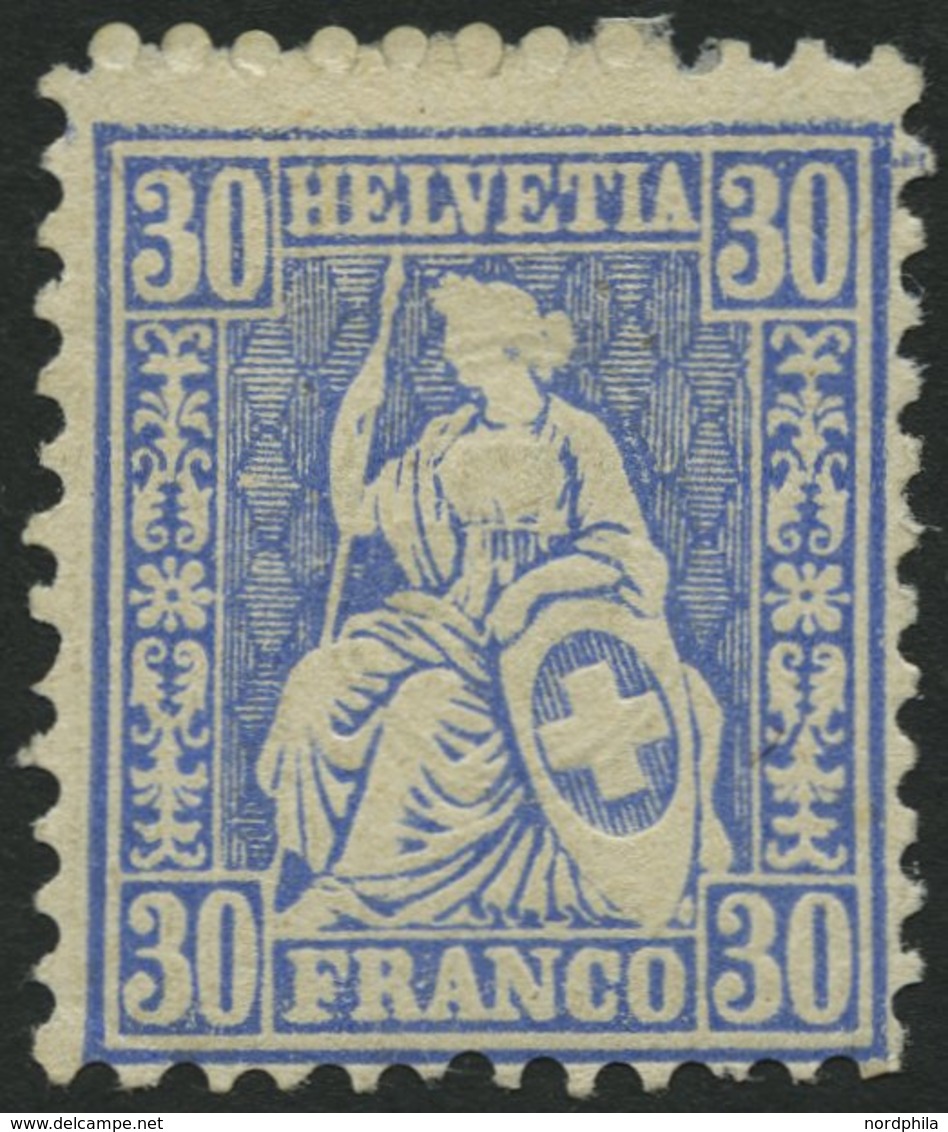 SCHWEIZ BUNDESPOST 33 *, 1867, 30 C. Hellultramarin, Falrzeste, Feinst, Mi. 500.- - 1843-1852 Federal & Cantonal Stamps