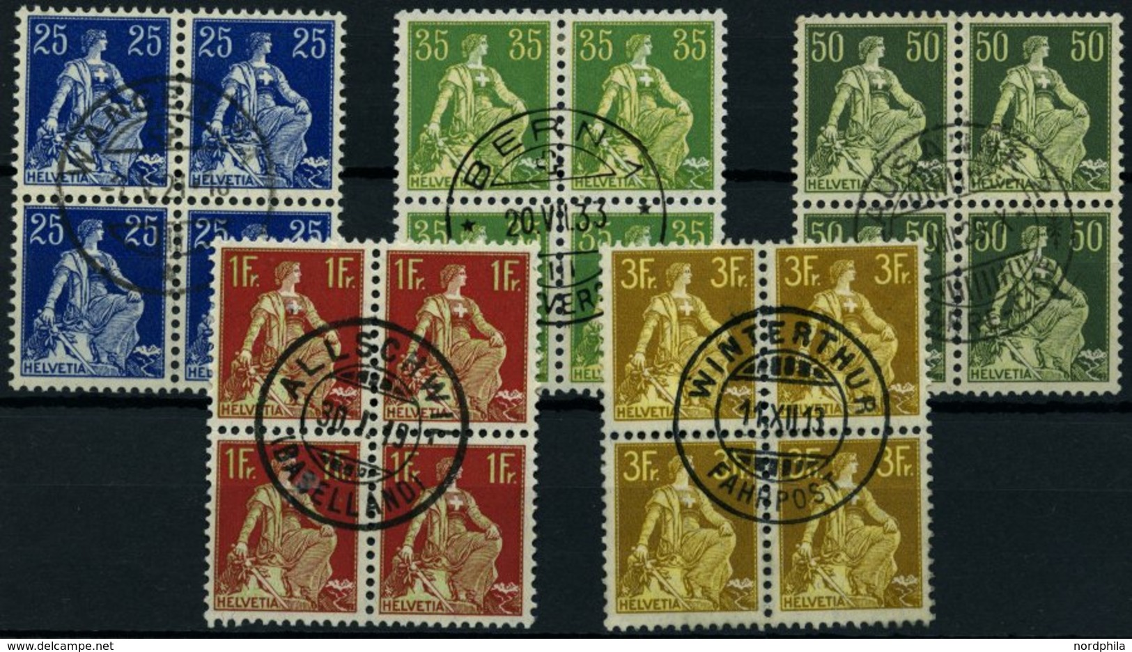 SCHWEIZ BUNDESPOST VB O , 1908, Sitzende Helvetia (Mi.Nr. 103,105,107,109/10x), Glatter Gummi, In Zentrisch Gestempelten - 1843-1852 Federal & Cantonal Stamps