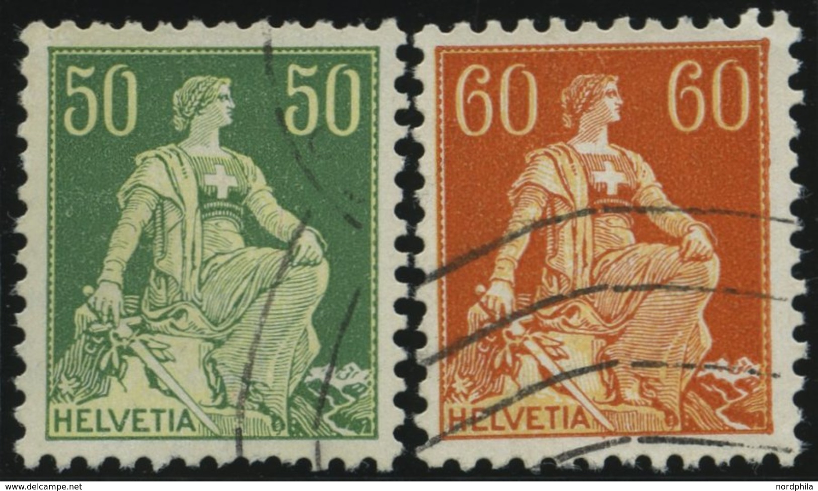 SCHWEIZ BUNDESPOST 107y,140y O, 1940, 50 Und 60 C. Sitzende Helvetia, Gestrichenes Papier, Glatter Gummi, Wellenstempel, - 1843-1852 Federal & Cantonal Stamps