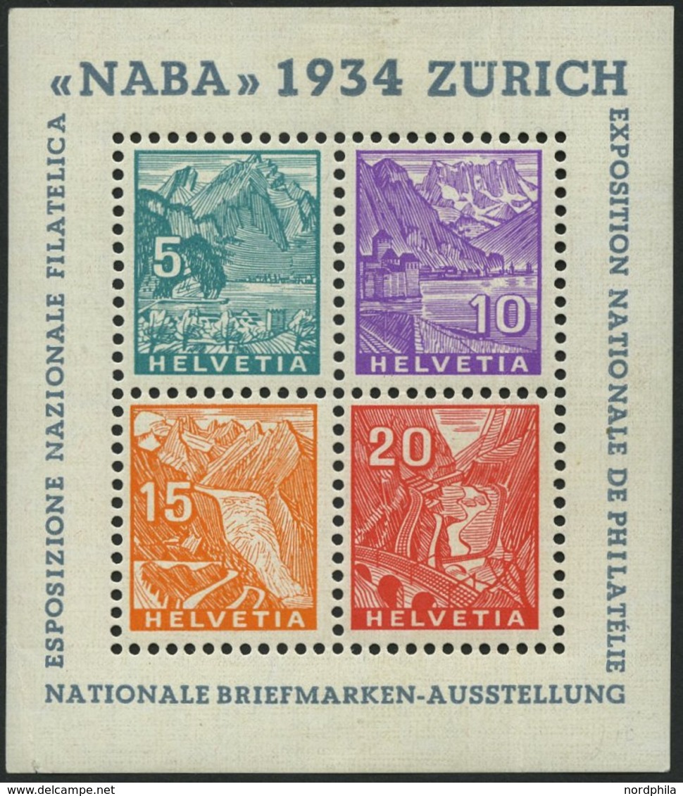 SCHWEIZ BUNDESPOST Bl. 1 *, 1934, Block NABA, Falzrest Im Oberrand, Senkrechter Bug Durch 2 Marken Sonst Pracht - 1843-1852 Timbres Cantonaux Et  Fédéraux