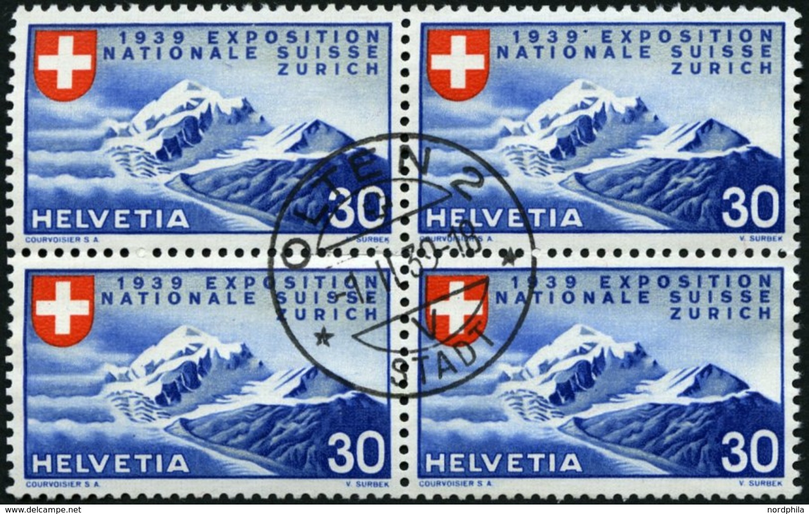 SCHWEIZ BUNDESPOST 340 VB O, 1939, 30 C. Landesausstellung, Französische Inschrift, Im Viererblock Mit Zentrischem Erstt - 1843-1852 Timbres Cantonaux Et  Fédéraux