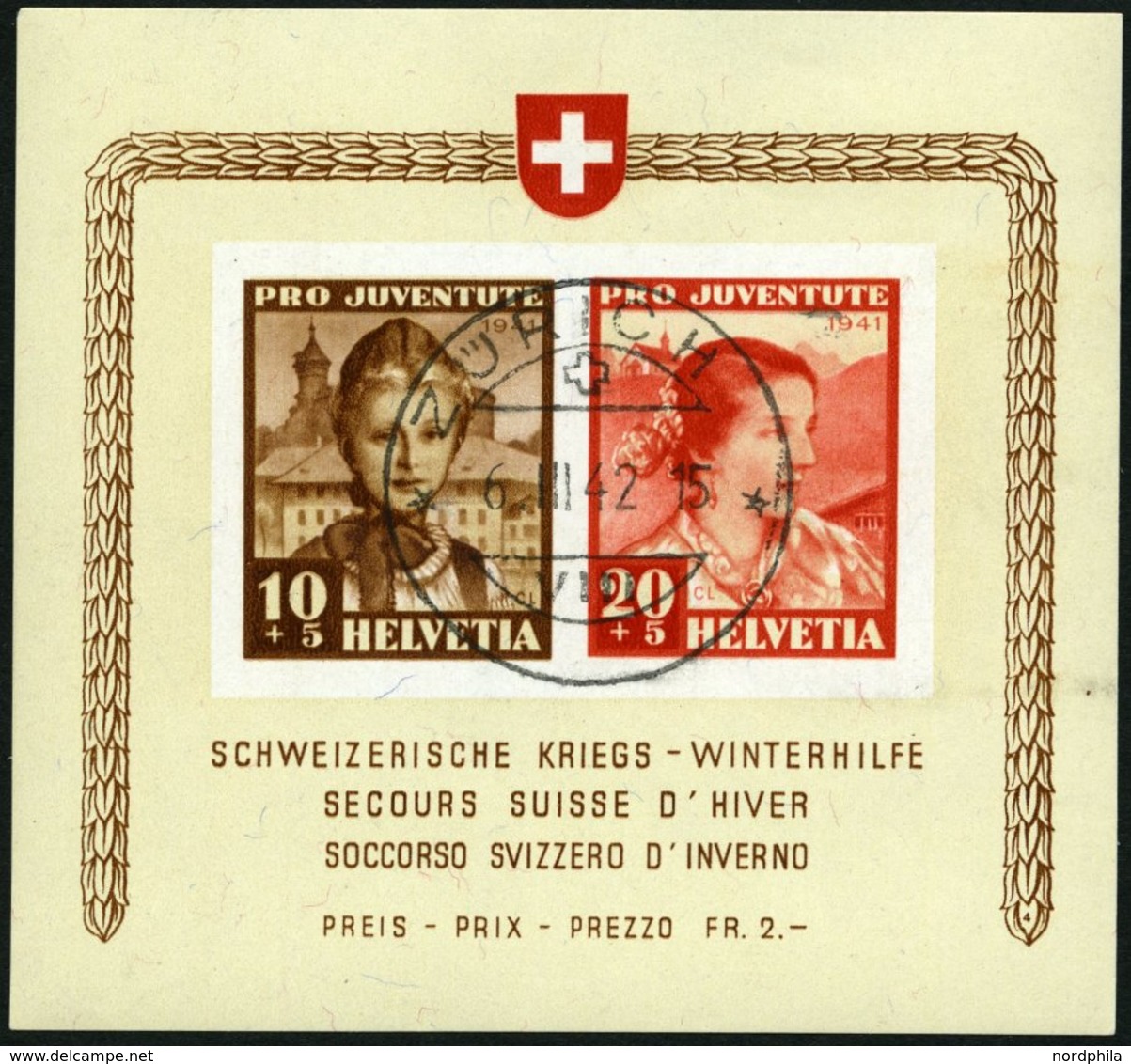 SCHWEIZ BUNDESPOST Bl. 6 O, 1941, Block Kriegs-Winterhilfe, Pracht, Mi. 450.- - 1843-1852 Federal & Cantonal Stamps