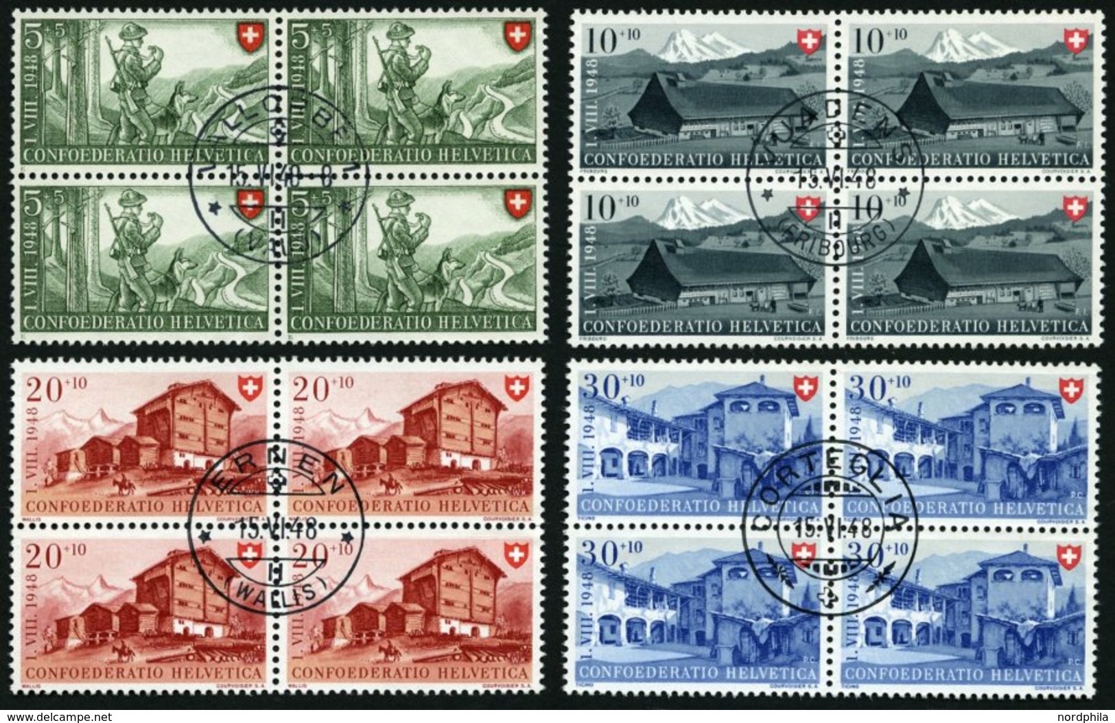 SCHWEIZ BUNDESPOST 508-11 VB O, 1948, Pro Patria In Viererblocks Mit Zentrischen Ersttagsstempeln, Prachtsatz - 1843-1852 Timbres Cantonaux Et  Fédéraux