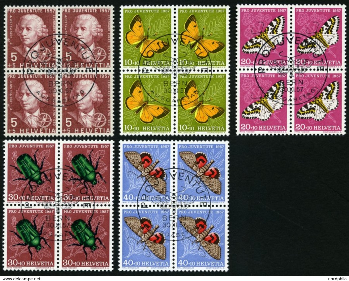 SCHWEIZ BUNDESPOST 648-52 VB O, 1957, Pro Juventute In Viererblocks Mit Zentrischen Ersttagsstempeln, Prachtsatz - 1843-1852 Federal & Cantonal Stamps