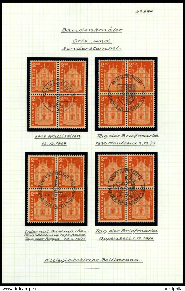 SCHWEIZ BUNDESPOST 764-67 VB O, 1963, Postgeschichtliche Motive Und Baudenkmäler In Zentrisch Gestempelten Viererblocks, - 1843-1852 Timbres Cantonaux Et  Fédéraux