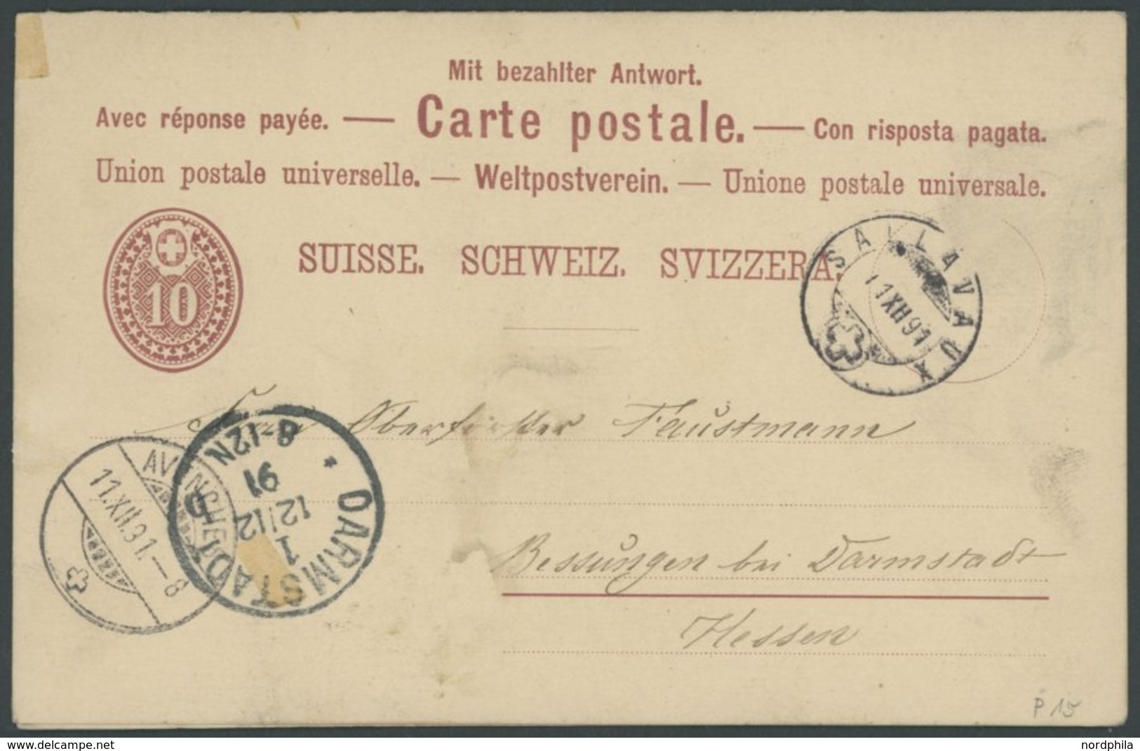 GANZSACHEN P 16 BRIEF, 1885, 5/5 C. Schwarz, Frage- Und Antwortteil Von SALLAVAUX Nach Darmstadt, Feinst - Stamped Stationery