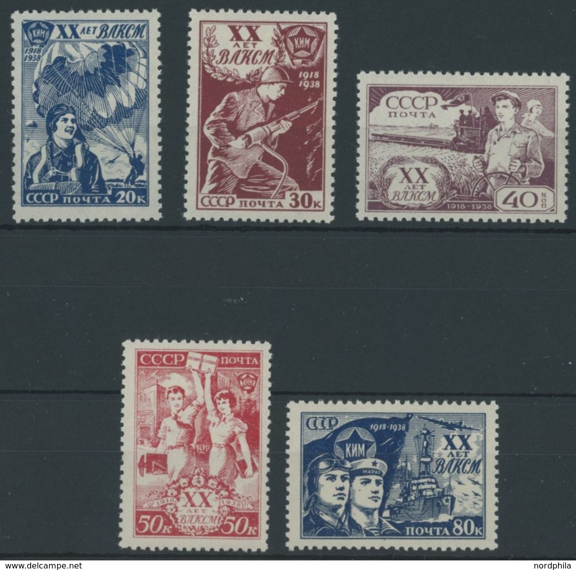 SOWJETUNION 652-56 **, 1938, Jugendverband Komsomol, Postfrischer Prachtsatz, Mi. 180.- - Oblitérés