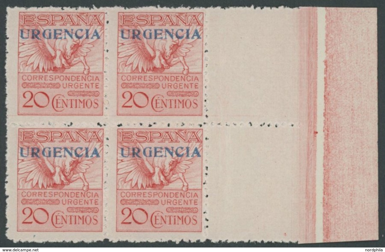 SPANIEN 443A VB **, 1930, 20 C. URGENCIA, Gezähnt K 13:121/2, Im Postfrischen Randviererblock, Pracht, Mi. (160.-) - Otros & Sin Clasificación