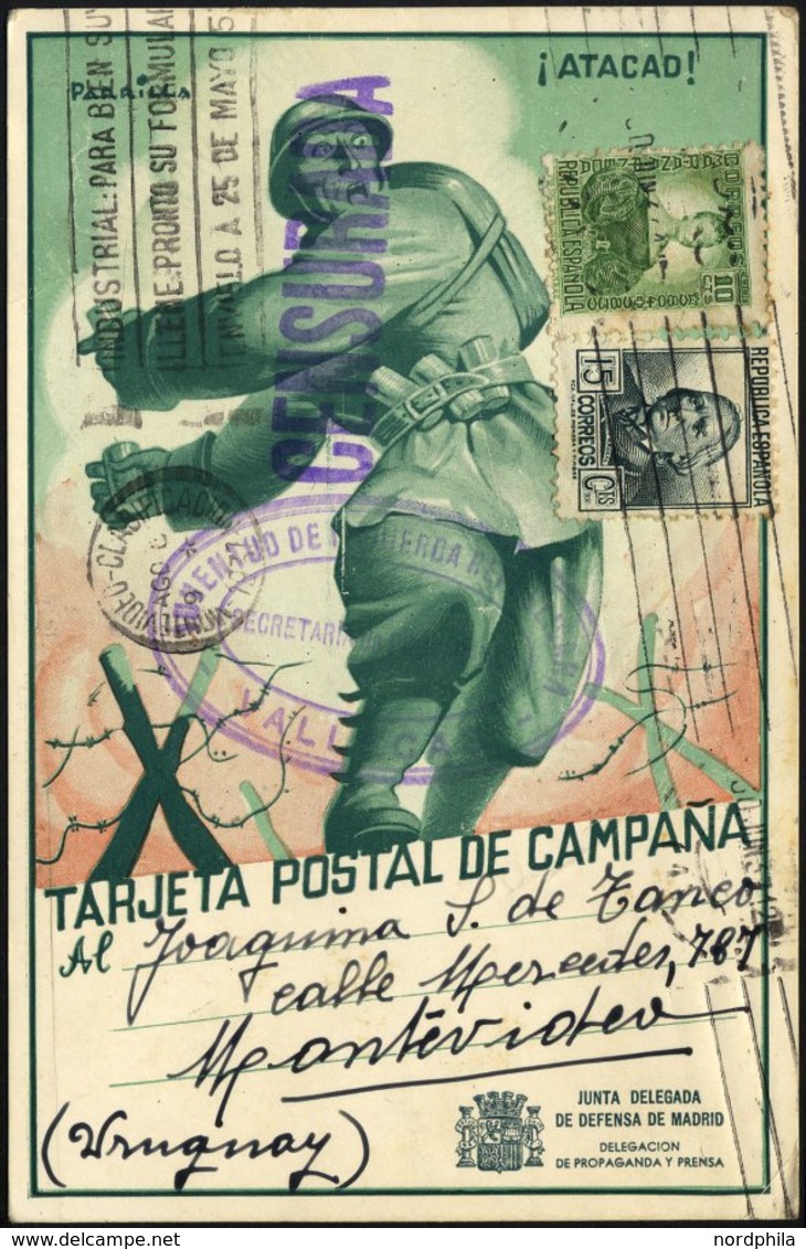 SPANIEN 636/7 BRIEF, 1937, 10 Und 15 C. Berühmte Spanier Mit Violettem Zensurstempel Und Ovalem Stempel Der Linken Jugen - Autres & Non Classés