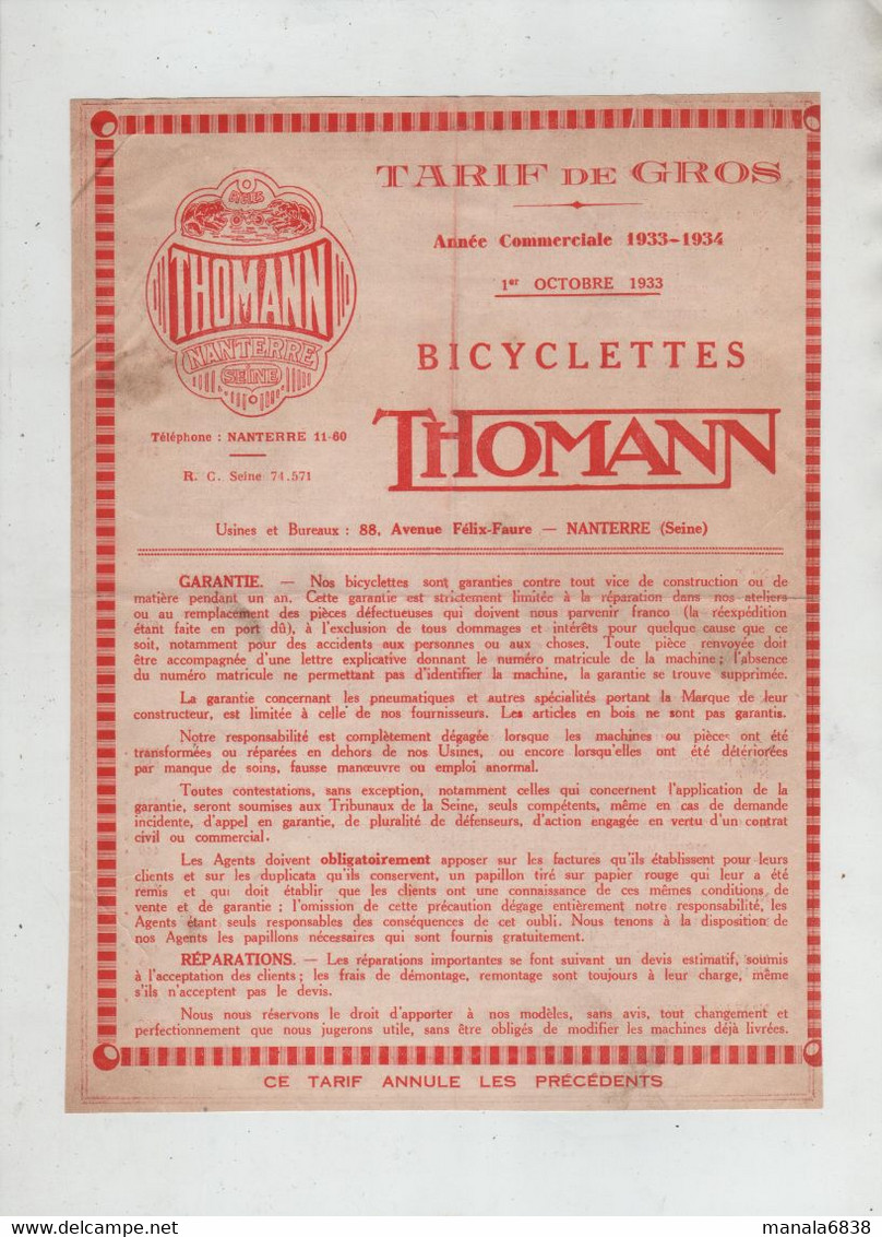 Tarif De Gros Bicyclettes Thomann Nanterre 1933 1934 - Motor Bikes