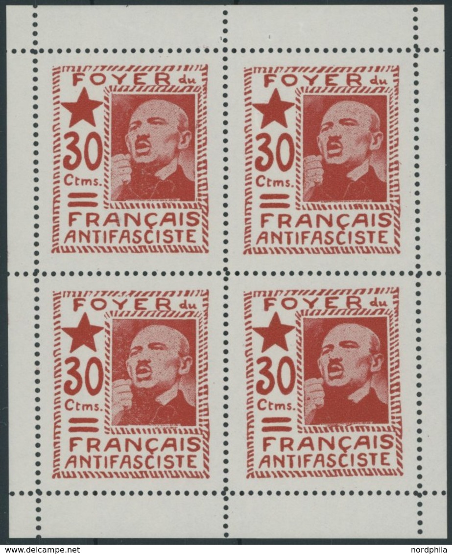 LOKALAUSGABEN VB **, 1937, 30 C. Rot Foyer Du Français Antifasciste ím Postfrischen Kleinbogen (4), Pracht - Autres & Non Classés