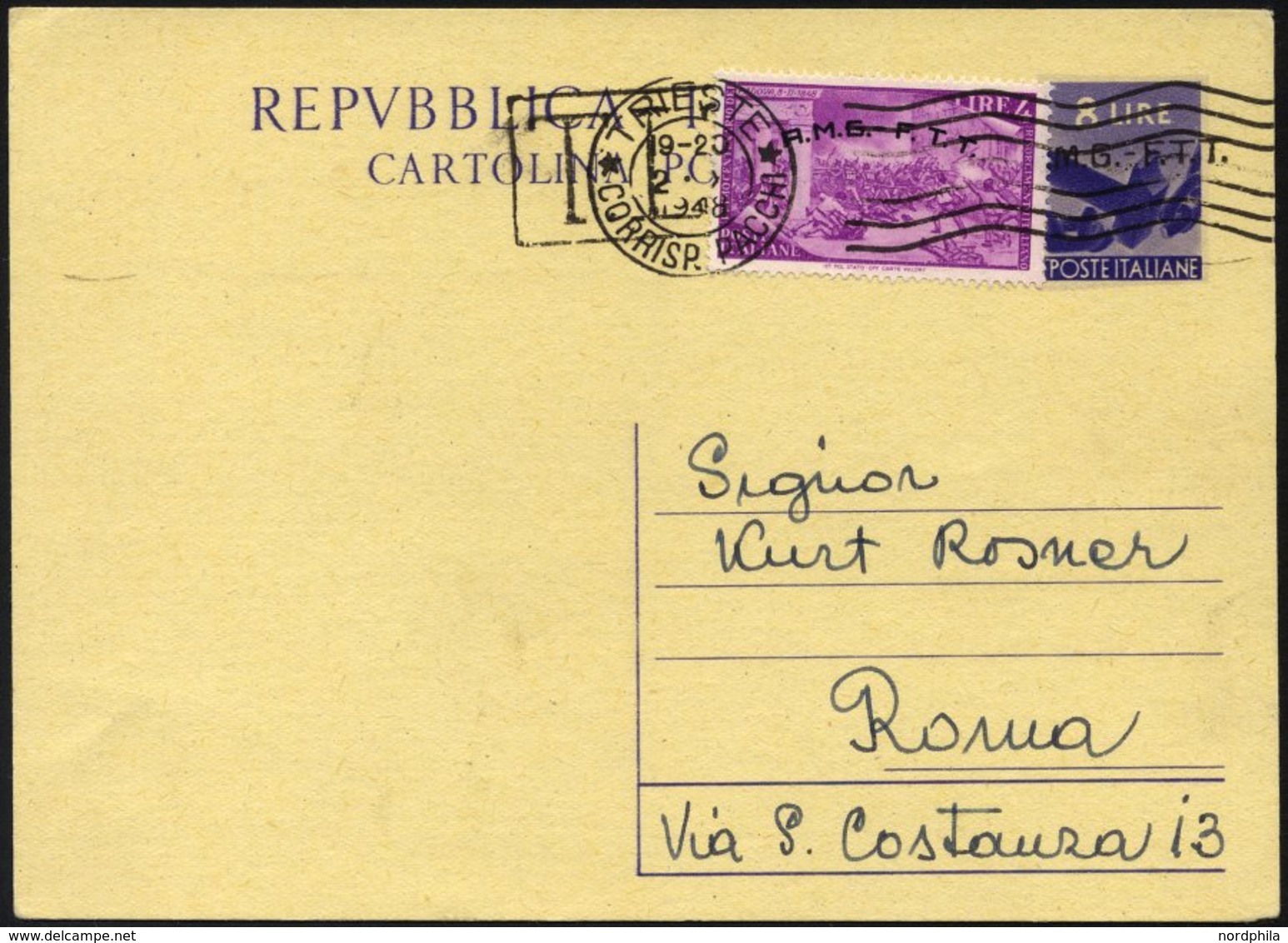 ZONE A 35 BRIEF, 1948, 4. L. Lila Auf Italienischer 8 L. Lila Ganzsachenkarte Nach Rom, Pracht - Gebraucht