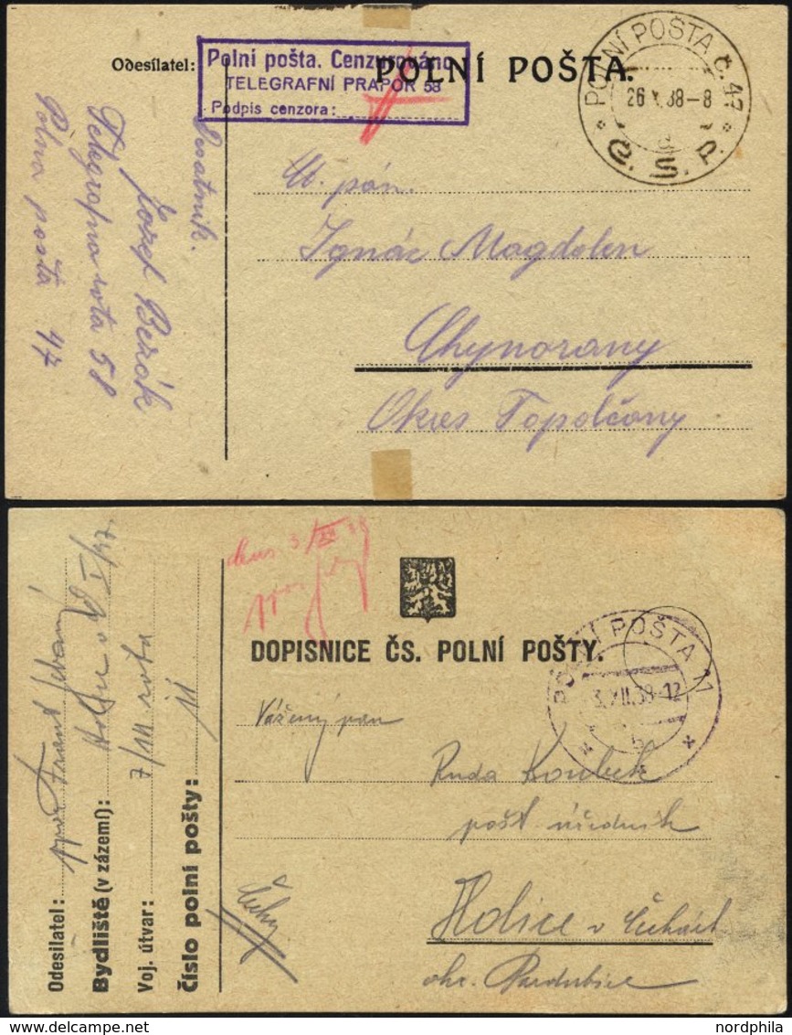 TSCHECHOSLOWAKEI 1938, Feldpostkarte Vom Feldpostamt Nr. 47 Mit K2 POLNI POSTA C.47/C.S.P. Mit Violettem Zensurstempel U - Otros & Sin Clasificación