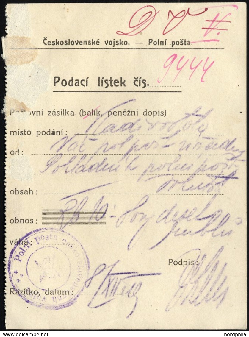 TSCHECHOSLOWAKEI 1919, Feldpost-Einlieferungsschein Vom 8. Dezember 1919 Mit Violettem K3 Des Feldpostkontors Wladiwosto - Cartas & Documentos