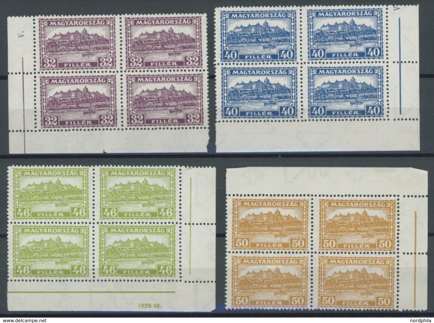 UNGARN 451-54 VB **, 1929/31, 32 - 50 F. Königliche Burg In Eckrandviererblocks, 4 Postfrische Prachtwerte, Mi. 120.- - Autres & Non Classés