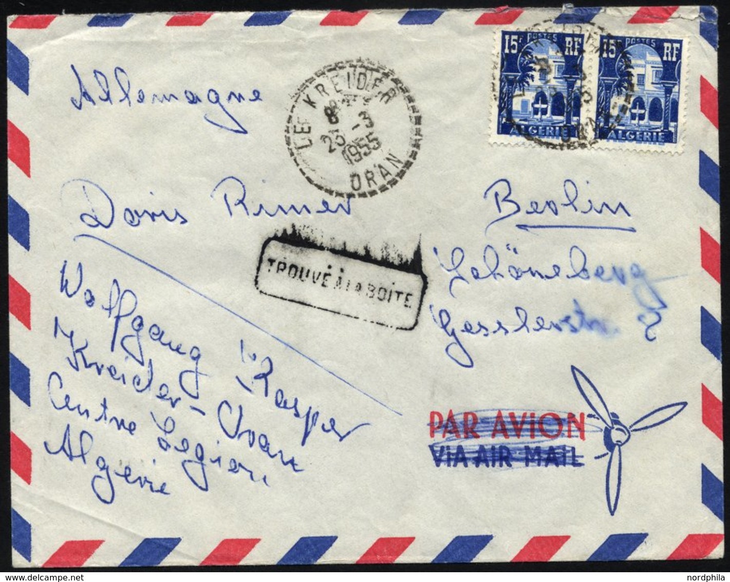 ALGERIEN 328 Paar BRIEF, 1955, 15 Fr. Blau/hellblau Im Paar Auf Brief Eines Deutschen Fremdenlegionärs Aus Der Nähe Von  - Lettres & Documents