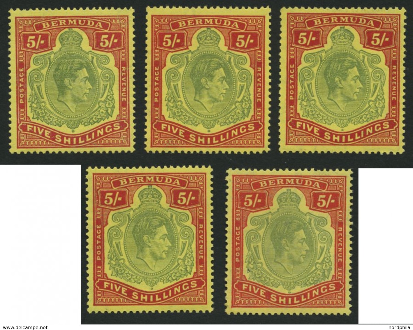 BERMUDA-INSELN 113a,b **,* , 1939-45, 5 Sh. Rot/grün Auf Gelb Und Rot/hellgrün Auf Gelb, Gezähnt 14, 5 Werte In Nuancen, - Bermudas