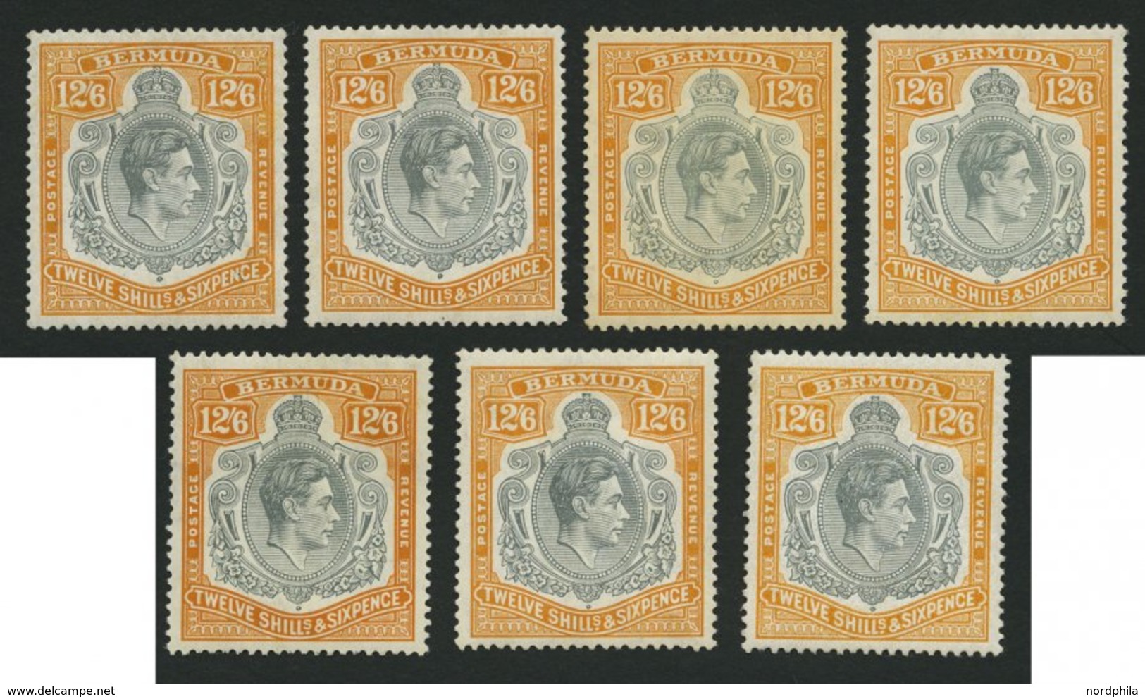 BERMUDA-INSELN 115 *, 1938-47, 12 Sh. 6 P., Gezähnt 14, 7 Werte In Nuancen, Falzreste, Fast Nur Prachterhaltung - Bermudes