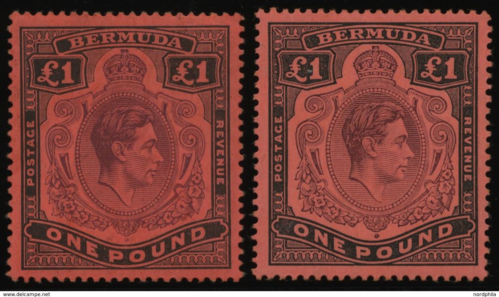 BERMUDA-INSELN 116b *, 1943, 1 £ Schwarz/braunpurpur, Gezähnt 14, (SG 121b Und E), Falzrest, 2 Prachtwerte - Bermudes