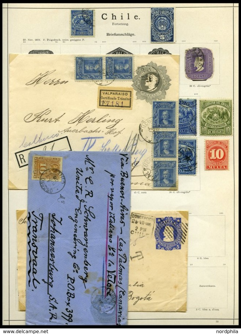 CHILE O,Brief , Interessanter Alter Sammlungsteil Chile Bis Ca. 1900, Dabei 3 Belege, U.a. 1896 Ganzsache Mit Zusatzfran - Chili