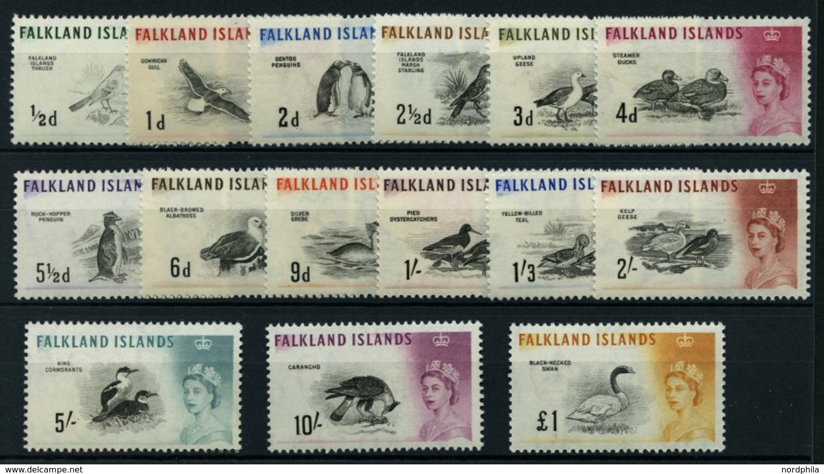 FALKLANDINSELN 123-37 **, 1960, Königin Elisabeth/Einheimische Vögel, Prachtsatz, Mi. 220.- - Falkland Islands