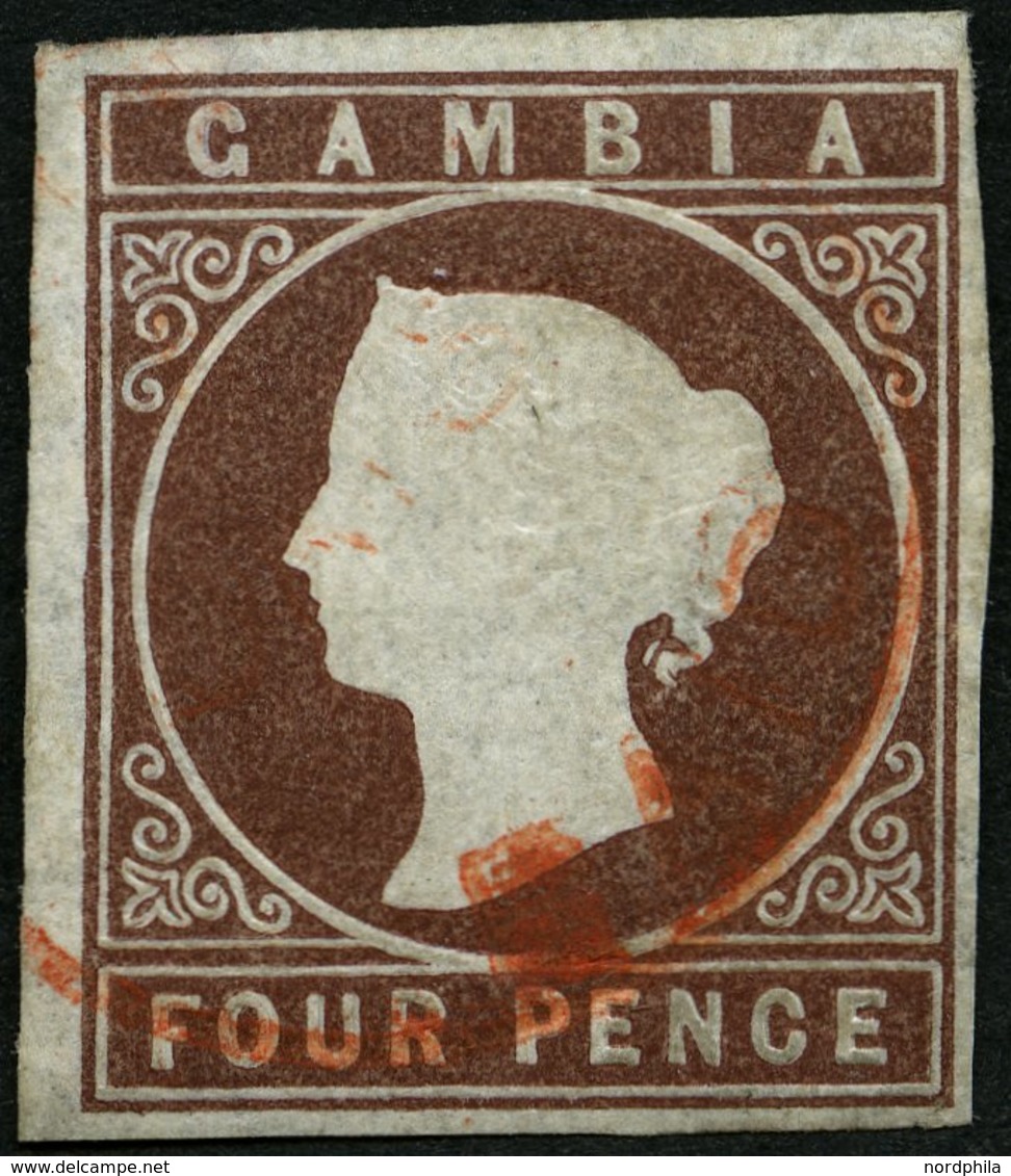 GAMBIA 3 O, 1874, 4 P. Braun, Wz. 1, Roter Stempel, Pracht, Gepr. Bühler, Mi. 280.- - Gambia (1965-...)