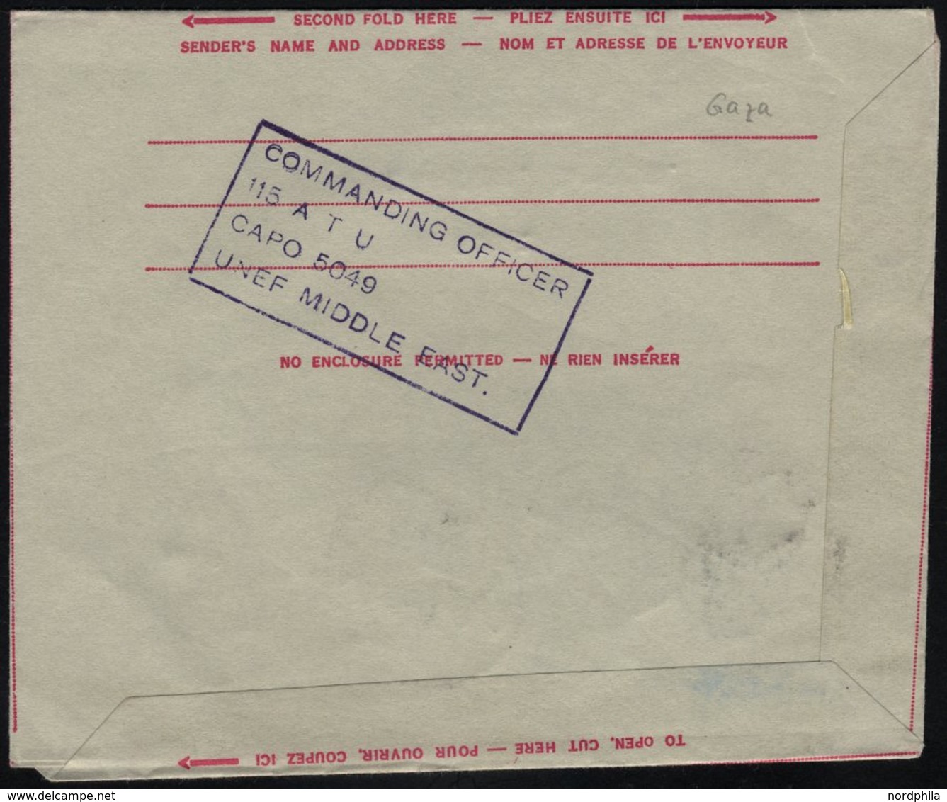 KANADA 294 BRIEF, 1962, 5 C. Hellblau Mit K1 CAPO-5049 Auf Feldpost-Aerogramm Der Kanadischen Truppen (UNEF), Befördert  - Otros & Sin Clasificación