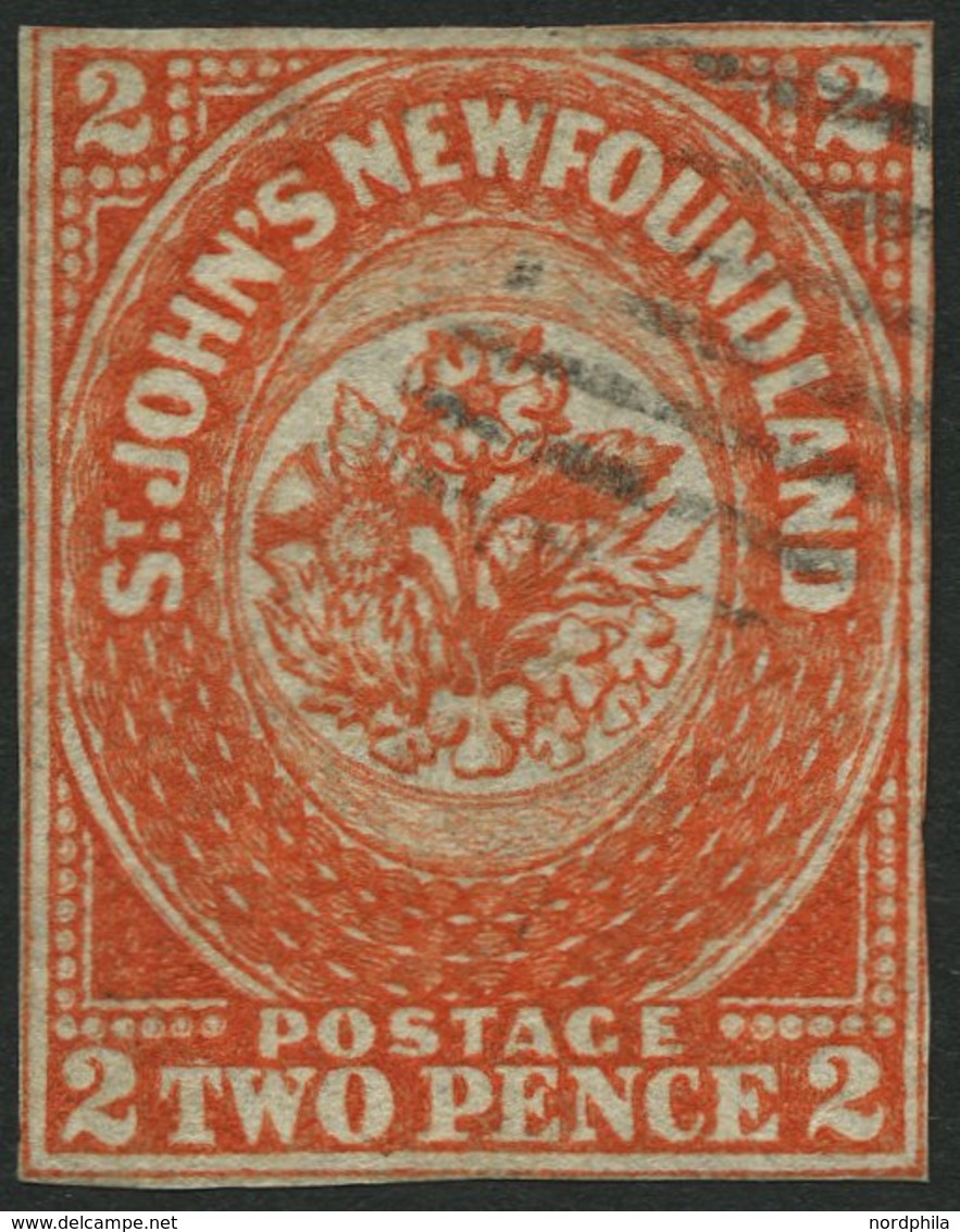 KANADA - NEUFUNDLAND 2b O, 1860, 2 P. Orange (SG.-Nr. 10), Zweiseitig Berührt Sonst Lupenrandig, Sehr Farbfrisch, Feinst - 1857-1861