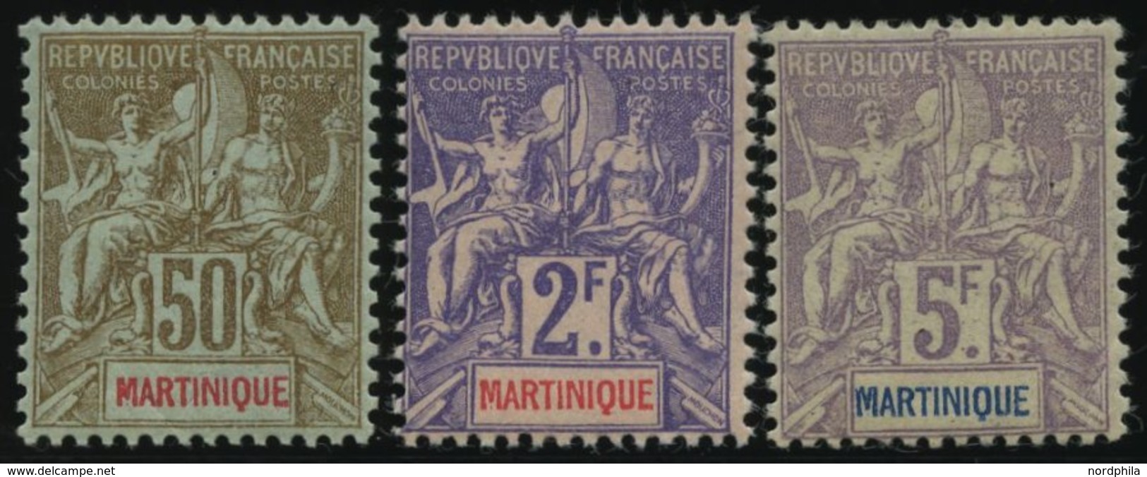 MARTINIQUE 44-46 *, 1889-1904, 5 C. - 5 Fr. Kolonialallegorie, Falzrest, 3 Prachtwerte, Mi. 265.- - Autres & Non Classés