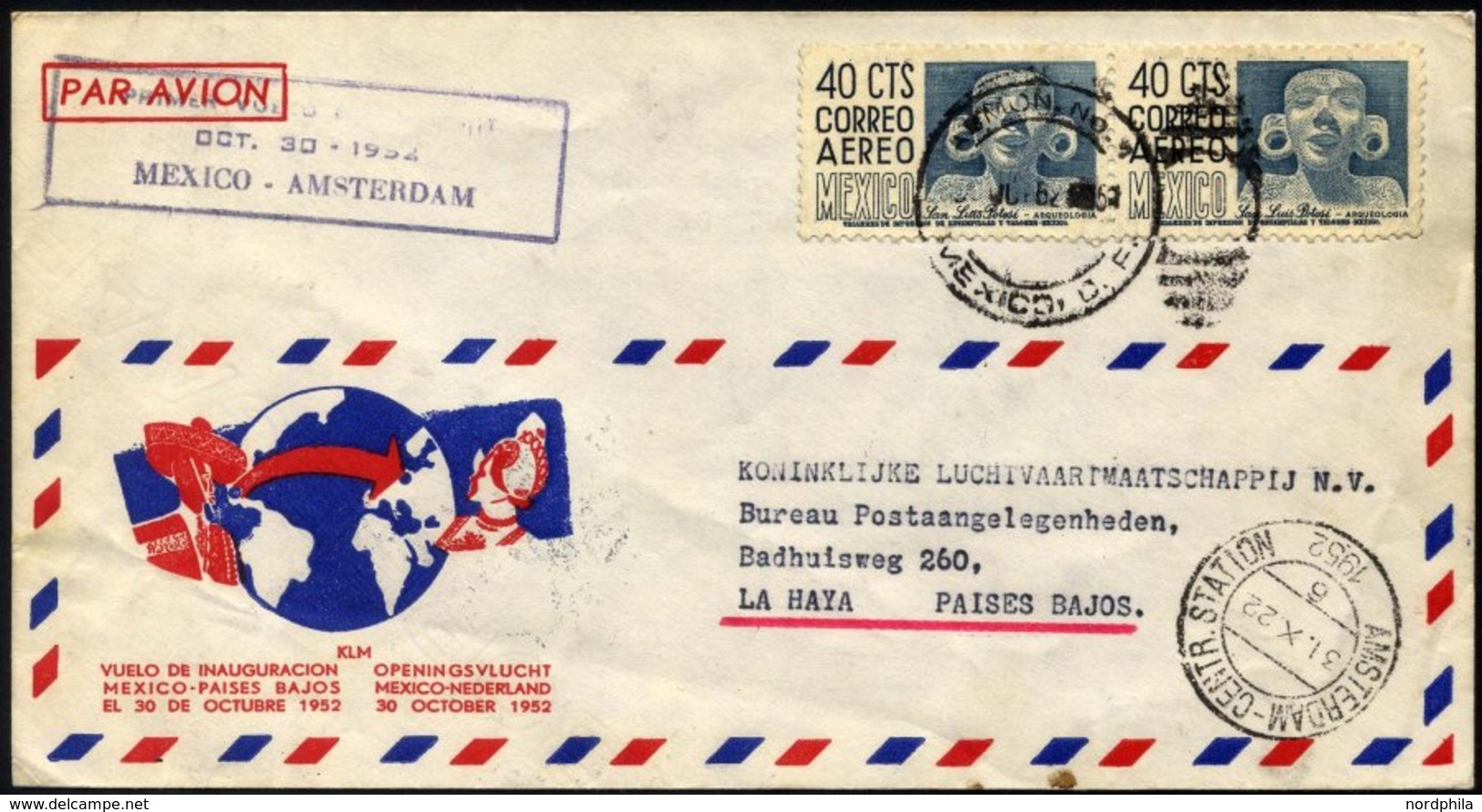 MEXIKO 30.10.1952, KLM-Erstflug MEXIKO-AMSTERDAM, Leichte Bedarfsspuren, Prachtbrief - México