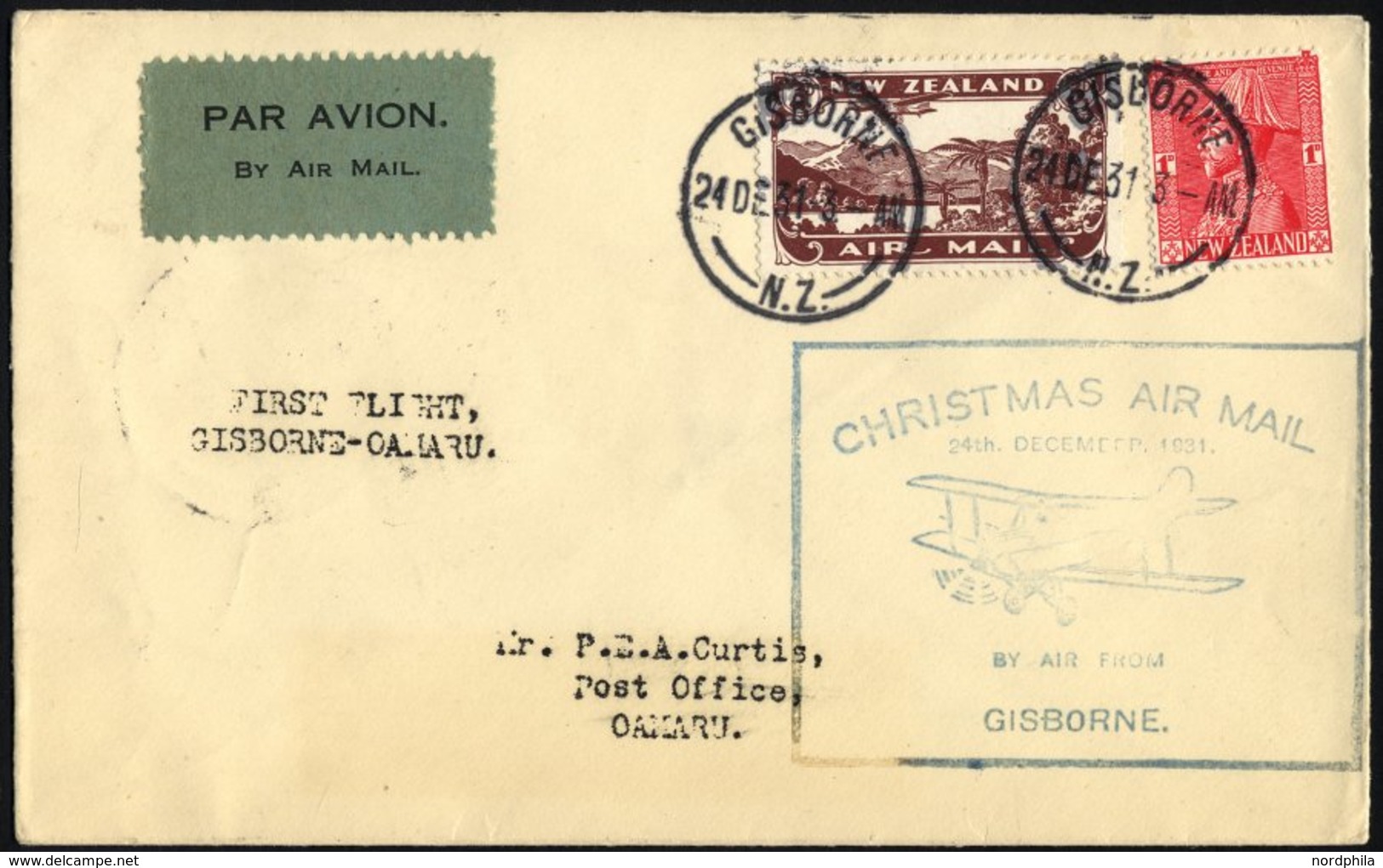 NEUSEELAND 174,181 BRIEF, 24.12.1931, 4 P. Auf Weihnachtssonderflug GISBORNE-OAMARU, Prachtbrief, Müller 97 - Autres & Non Classés