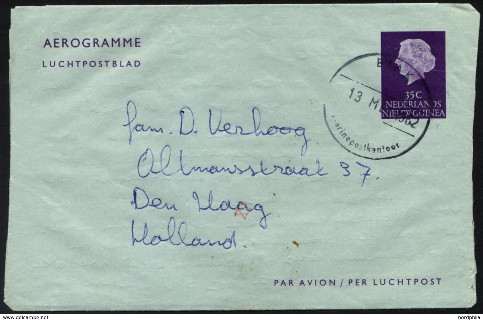 NIEDERLÄNDISCH-NEUGUINEA 1962, 35 C. Violett Ganzsachen-Aerogramm über Das Marine-Postkontor Biak Nach Holland, Feinst - Niederländisch-Neuguinea