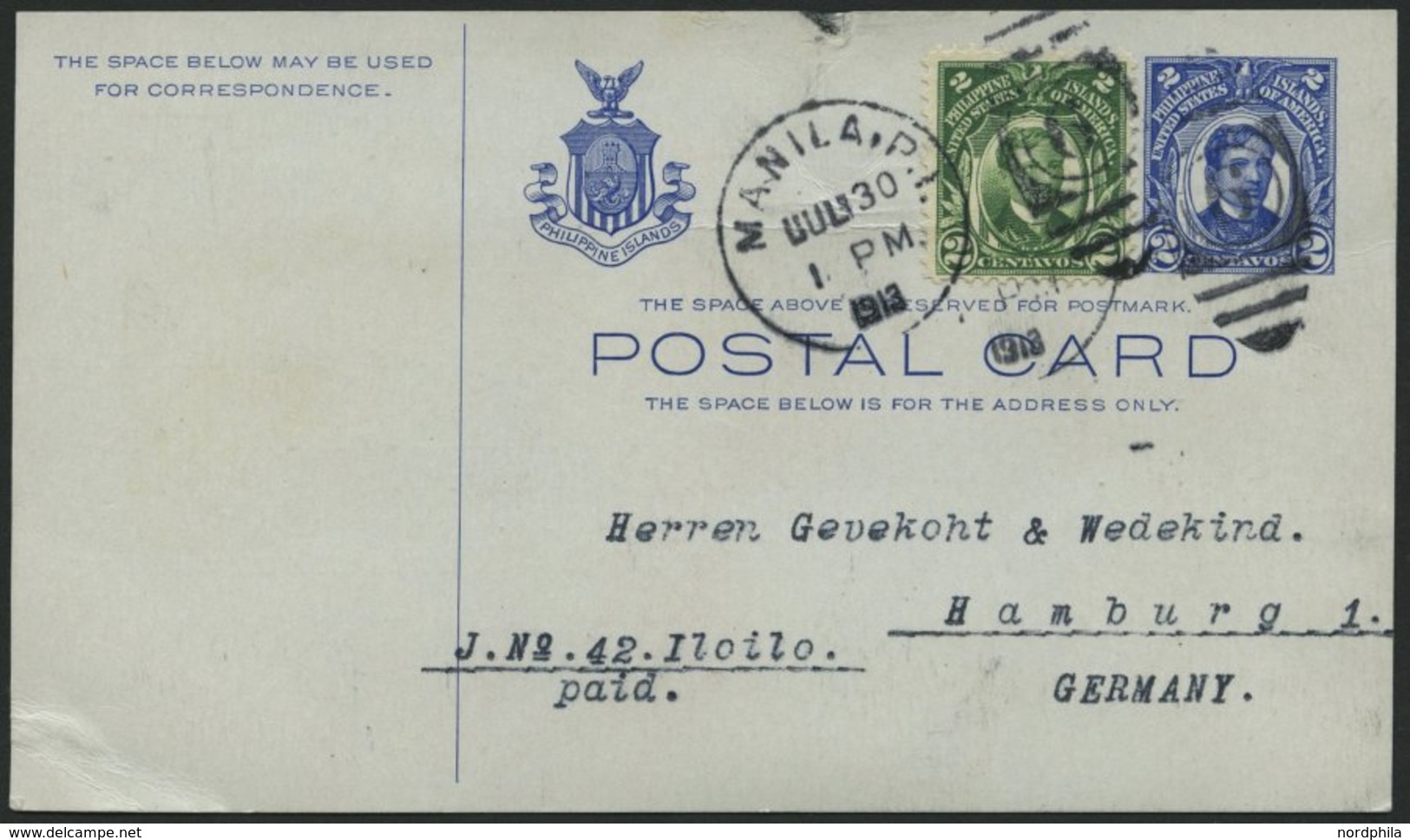 PHILIPPINEN 275 BRIEF, 1913, 2 C. Rizal Als Zusatzfrankatur Auf 2 C. Ganzsachenkarte Nach Hamburg, Pracht - Philippinen