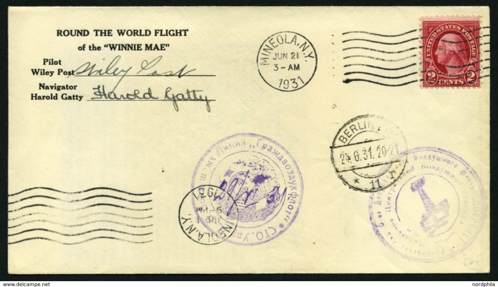 US-FLUGPOST 21.6.1931, Round The World Flight Of The WINNIE MAE, (vom 21.6.-1.7.) Auf Brief Mit 2 Violetten Sonderstempe - 1c. 1918-1940 Cartas & Documentos