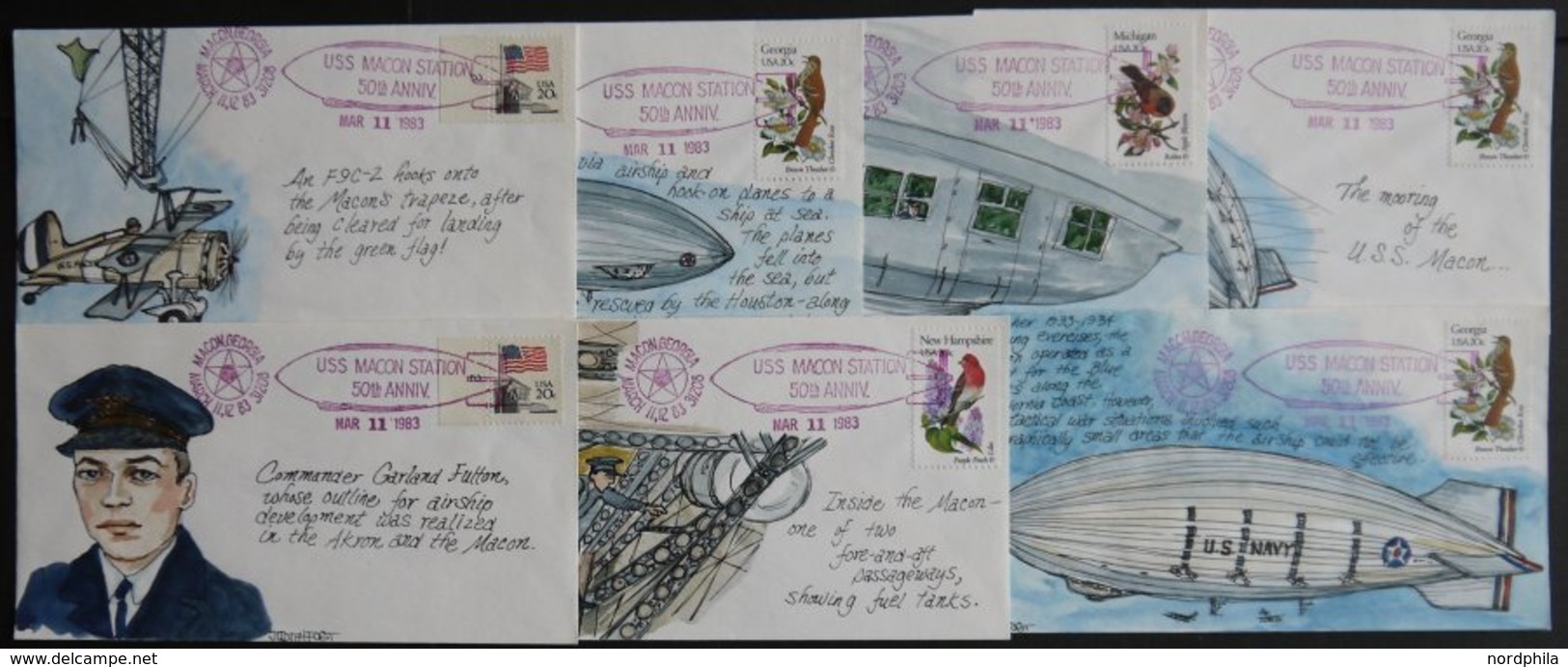 US-FLUGPOST 1983, Luftschiff MACON, 7 Handgemalte Aquarell-Umschläge Zum 50. Jahrestag, Alle Mit Sonderstempel Und Künst - 1c. 1918-1940 Covers