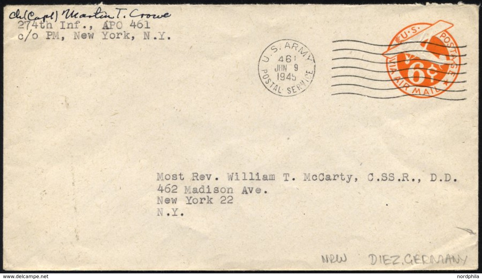FELDPOST 1945, Ganzsachen-Feldpostbrief Mit K1-Wellenstempel U.S.ARMY/POSTAL SERVICE Des Armee-Postamtes 461 über Das Ha - Other & Unclassified