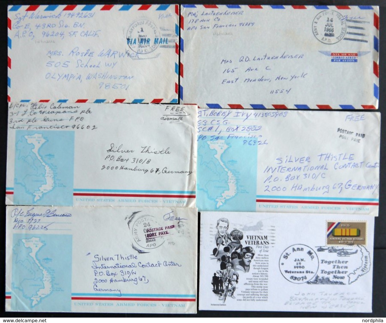 FELDPOST 1966/70, 5 Verschiedene Luftpostbriefe Aus Dem Vietnamkrieg, Nord- Und Südvietnam, Laos Und Kambodscha, Pracht - Autres & Non Classés