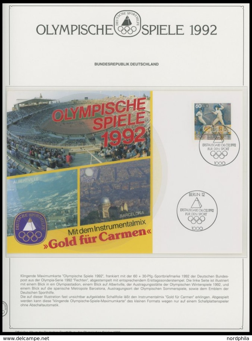 SPORT **,Brief , Olympische Spiele 1992 auf Spezial Falzlosseiten der Deutschen Sporthilfe mit Blocks, Streifen, Markenh