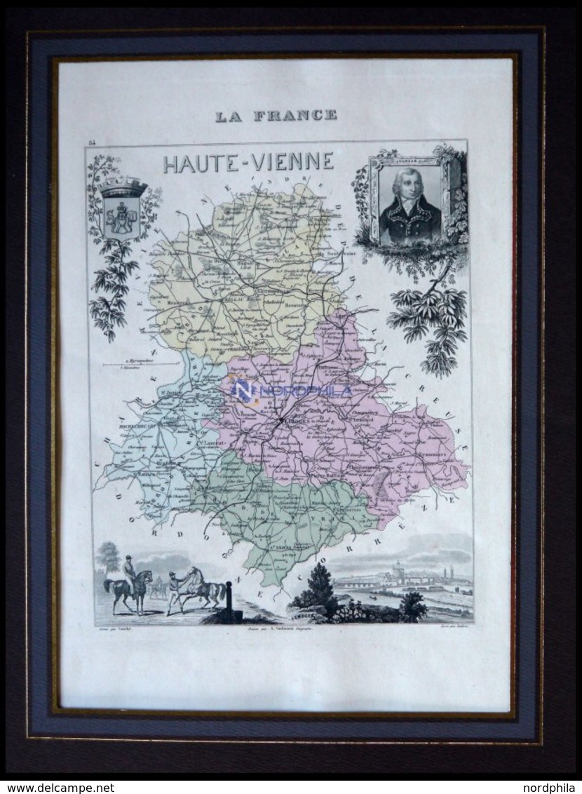 Departement Haute-Vienne Mit Gesamtansicht Der Hauptstadt Limoges Mit Dekorativer Personenstaffage, Farbiger Stahlstich  - Autres & Non Classés