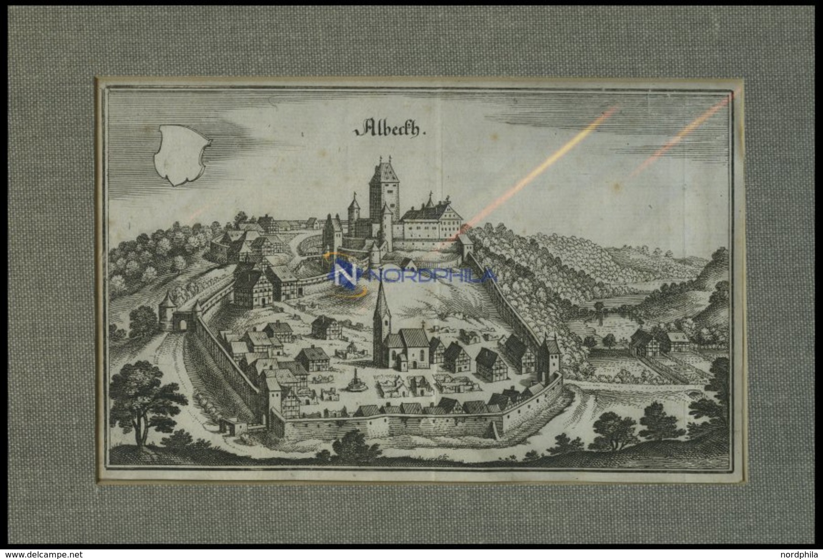 ALBECK, Gesamtansicht, Kupferstich Von Merian Um 1645 - Lithographien