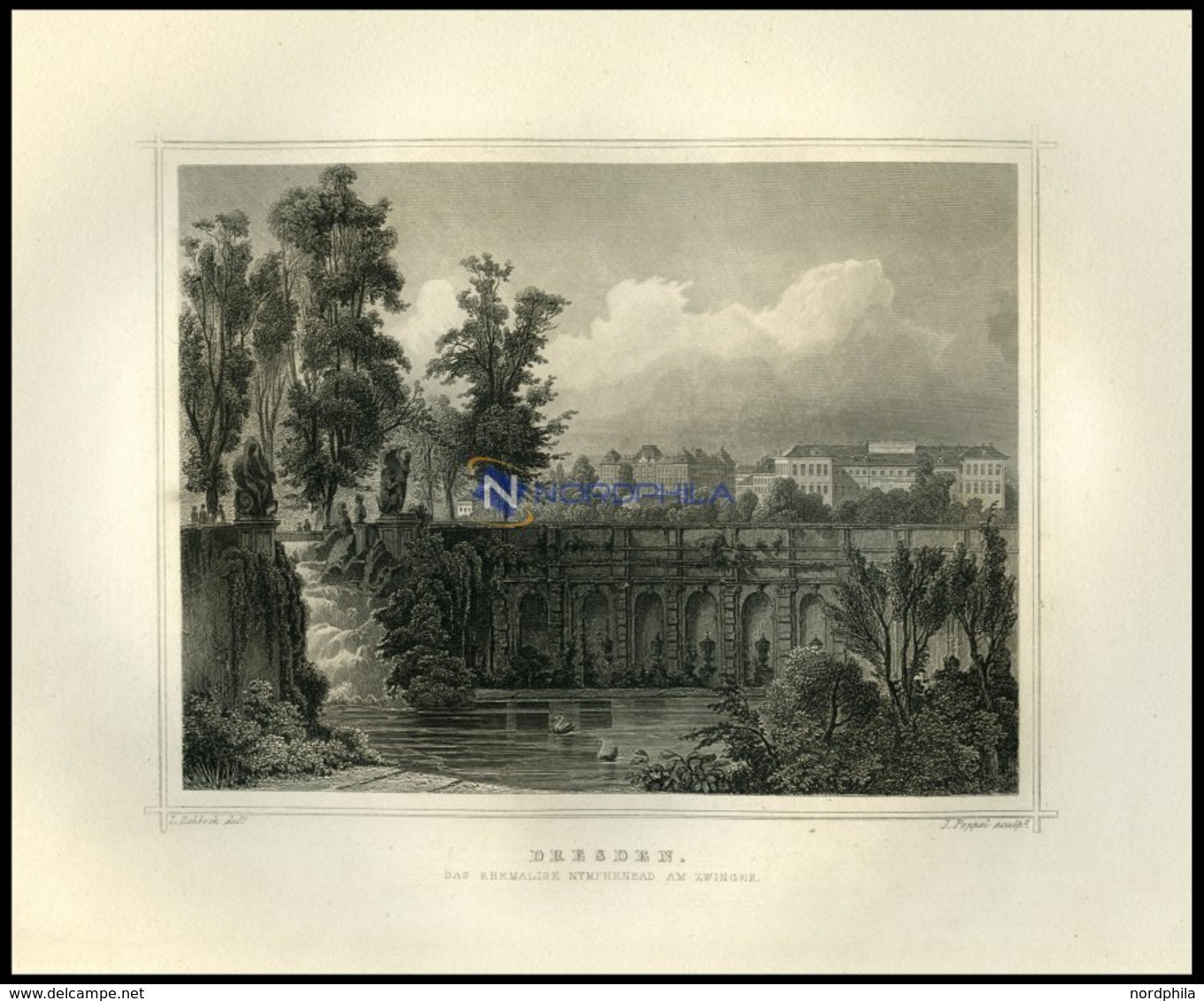 DRESDEN: Das Ehemalige Nymphenbad Am Zwinger, Stahlstich Von Rohbock/Poppel Um 1850 - Lithographien