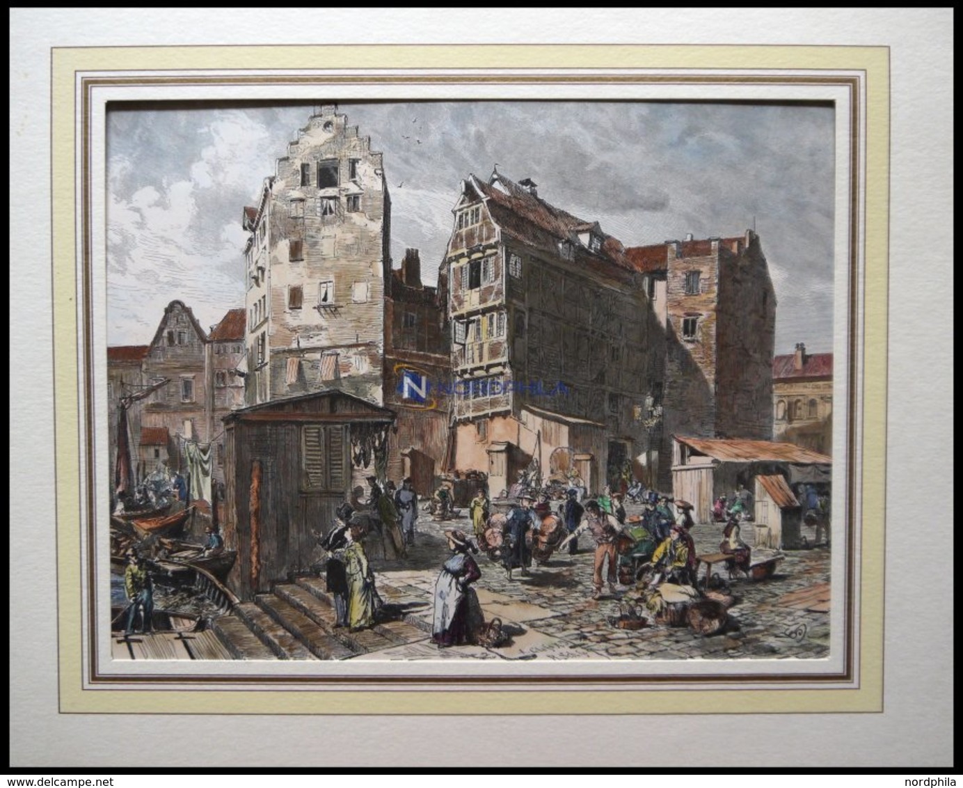 HAMBURG-ALTONA: Markt In Altona, Kol. Holzstich Um 1880 - Lithographien