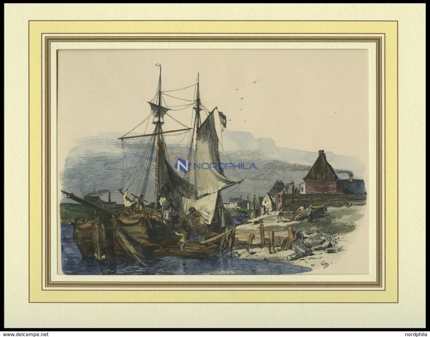KUSSEN, Teilansicht Mit Segelschiff Im Vordergrund, Kolorierter Holzstich Von G. Schönleber Von 1881 - Lithographies